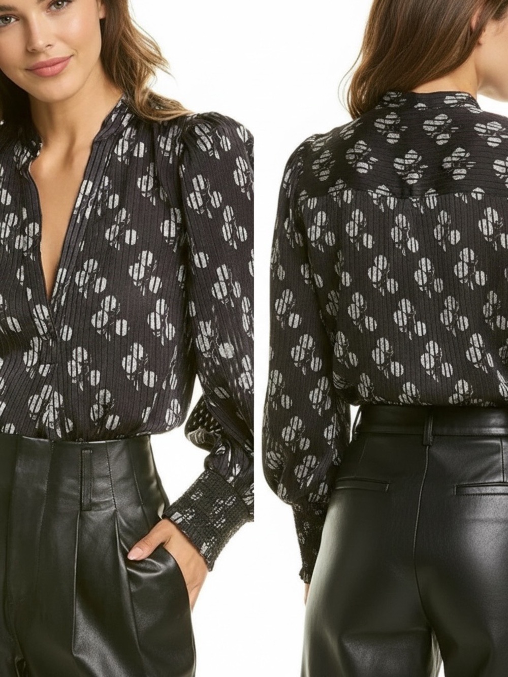 Alice + Olivia Sheila Black Floral Burnout Satin Henley Blouse | Size M - Picture 2 of 8